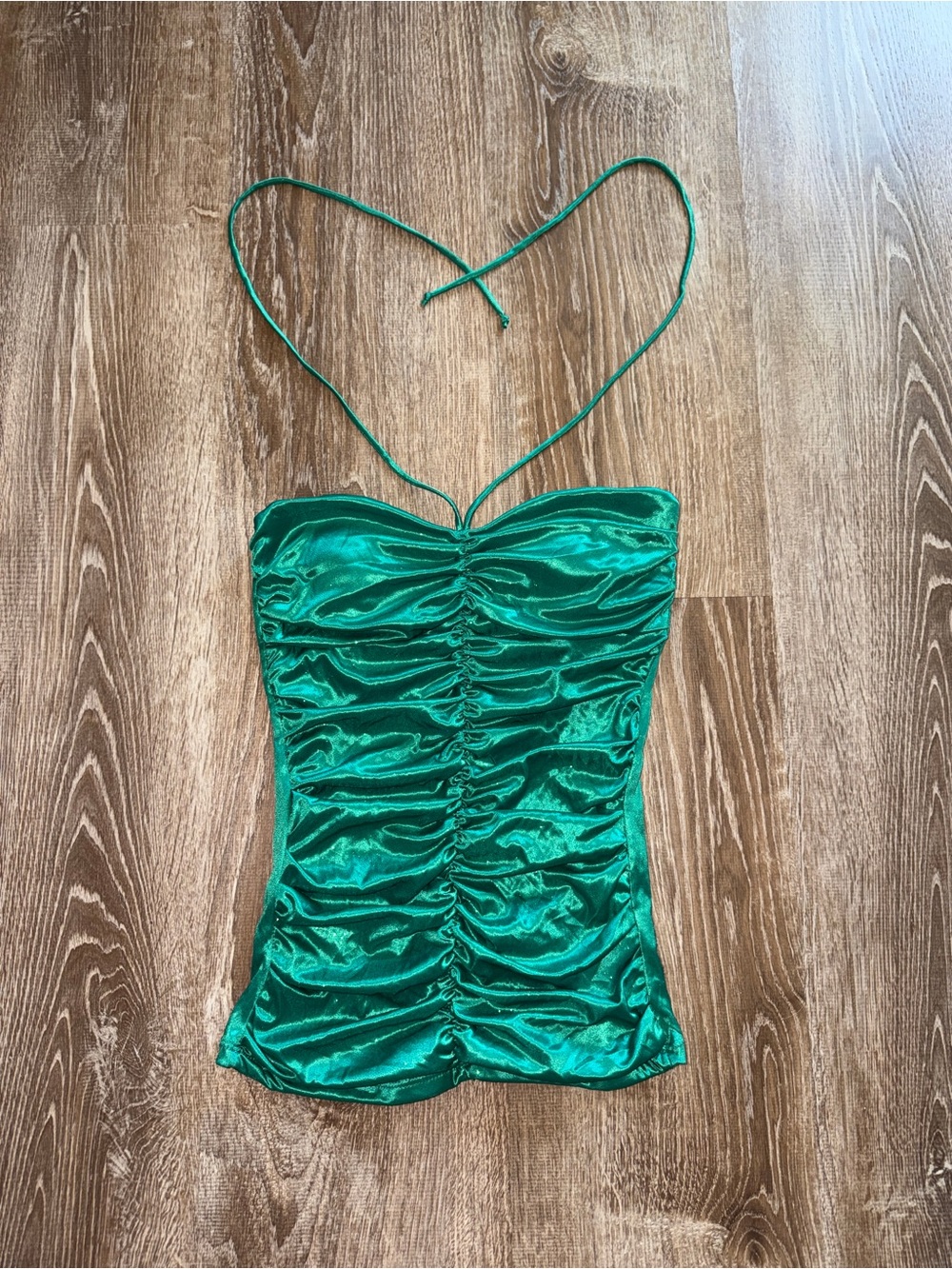 Vintage Y2K Emerald Green Ruched Satin Halter Women's Top